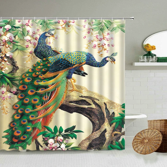 Peacocks Peony Flower Shower Curtain Bird Animal Theme Bathroom Bathtub  Blackout Waterproof Polyester Cloth Screen With