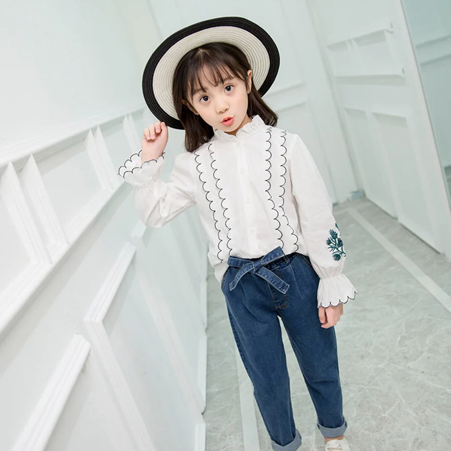 

Girls White Blouse Leaf Embroidery Blouses Shirts For Girls Full Length White Shirt For Girls Teenage Girls Clothes