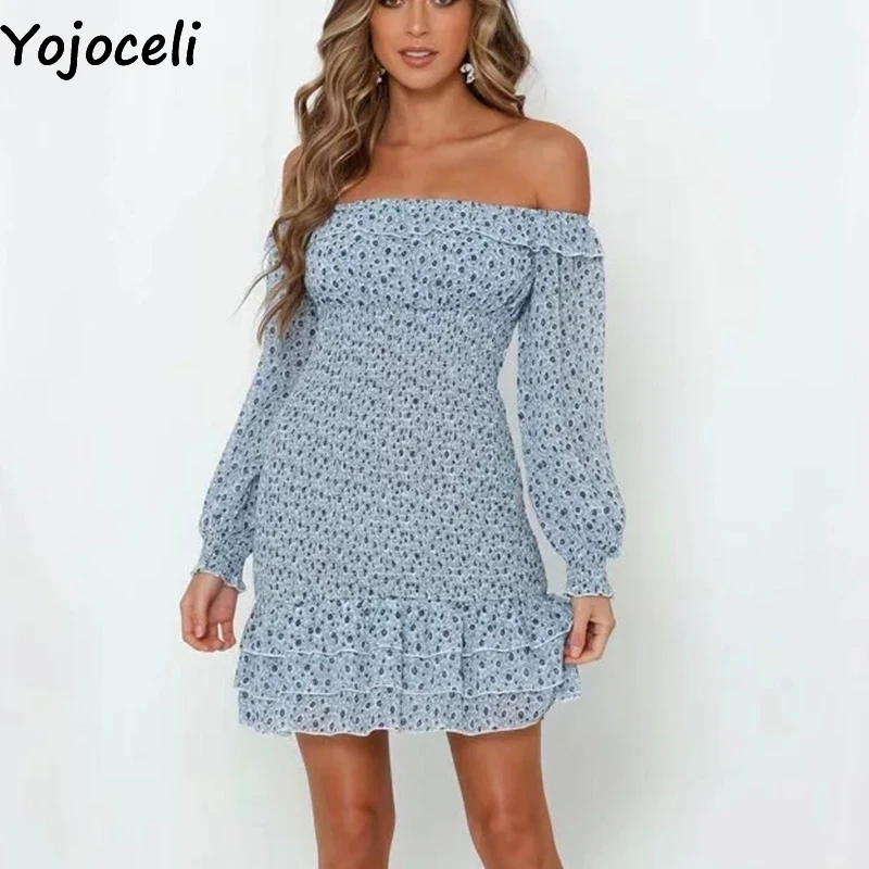 Yojoceli сексуальное платье с открытыми плечами и рюшами, Осеннее облегающее короткое пляжное платье, зимнее Повседневное платье в цветочек для женщин
