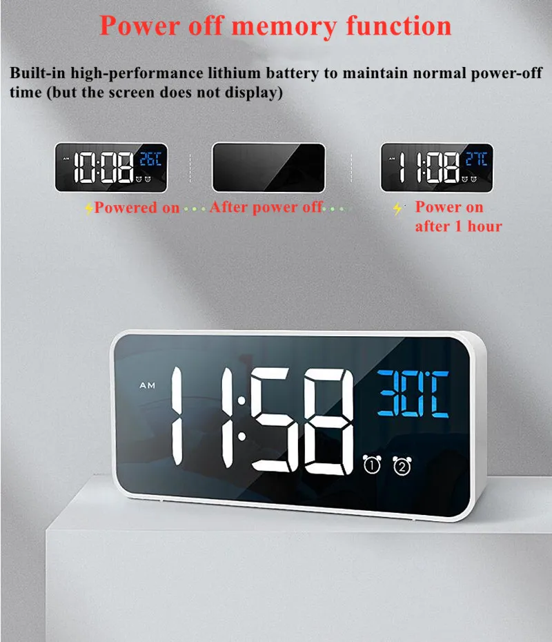Music Alarm Clock LED Digital Clock 2 Alarms Voice Control Snooze