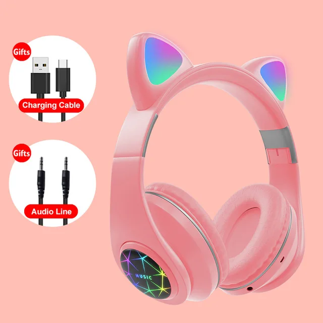 Cute Cat Bluetooth Headphone With Microphone Colorful LED Cosque Girls Music Cascos For Huawei iPhone Xiaomi Children Kids Gifts