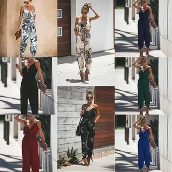 

8-Color 8 Sexy Backless Tether Deep V-neck Straps Cotton Long Jumpsuits