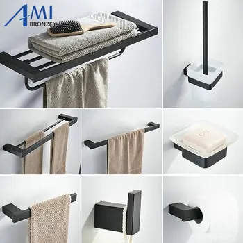 

Amibronze 304 Stainless Steel Bathroom Hardware Black Paint Towel Bar Towel Ring Paper Holder Cloth Hook Accessory T100S