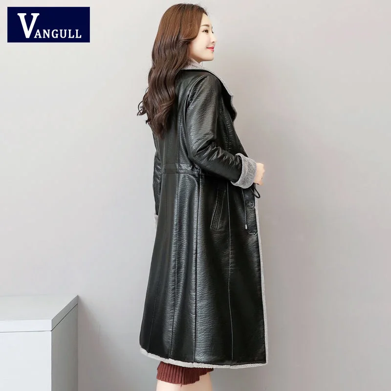 Vangull 5XL, элегантная кожаная куртка, женская, плюшевая, Вельветовая, длинная, новинка, тонкий, меховой воротник, кожаные пальто, черная одежда, женские пальто, верхняя одежда