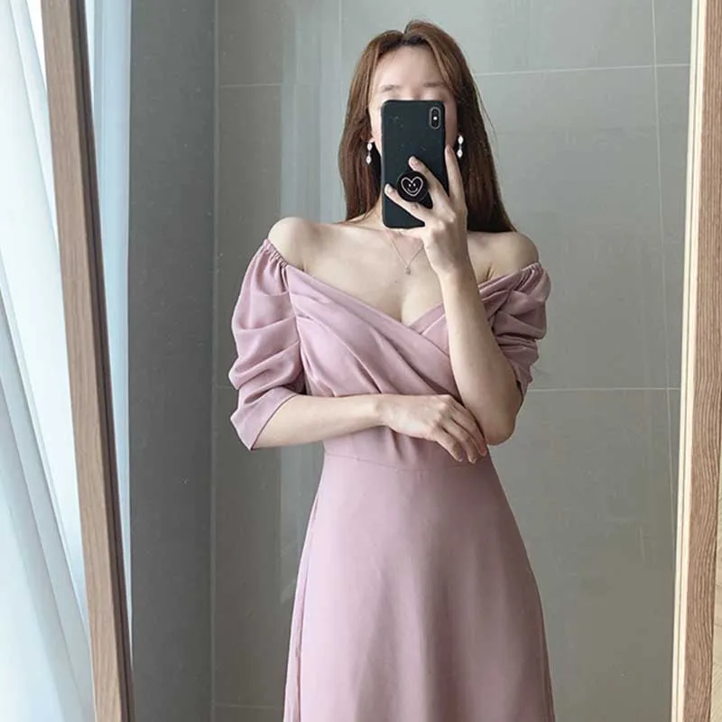 2020 One-Piece French Lady Dress Summer Elegant V-Neck Puff Sleeve Waist Chiffon Dress Women Party Holiday Dress Vestidos Female
