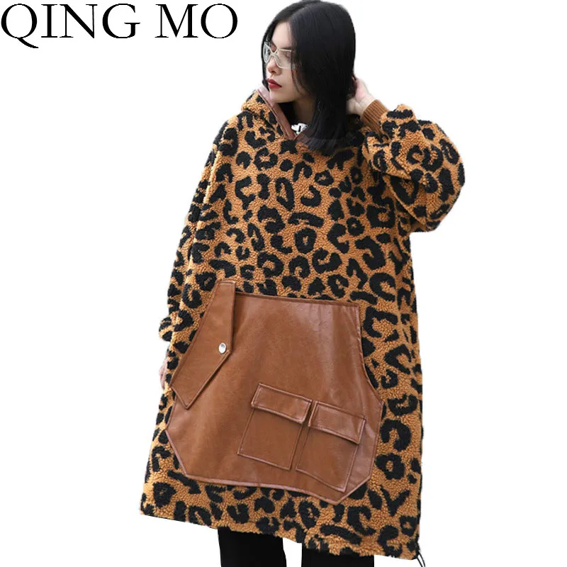 QING MO Leopard Print Women Sweatshirt 2020 Winter