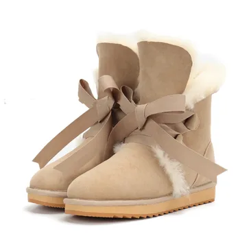 

Sheepskin and wool one mid-tube winter women's boots; classic leather ladies snow boots; sheep suede warm women's shoes 43 yards