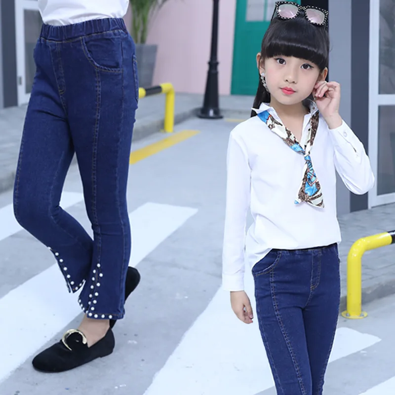 

Childrenswear 2019 Spring And Autumn New Style Girls Loose Pants Children Korean-style Slit 9 Points Jeans Big Boy Bell-bottom P