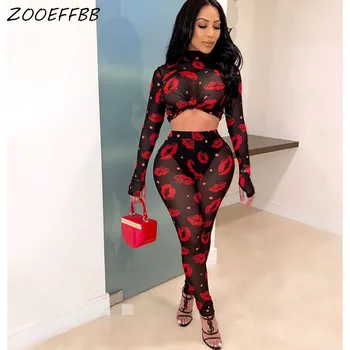 

ZOOEFFBB Sexy Mesh Sheer Lip Print 2 Piece Set Women summer Long Sleeve Crop Top Pant Festival Clothing Two Piece Club Outfits