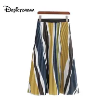 Женская элегантная плиссированная юбка с лоскутным принтом эластичная талия средняя удлиненная юбка женская Повседневная Ретро миди юбки mujer
