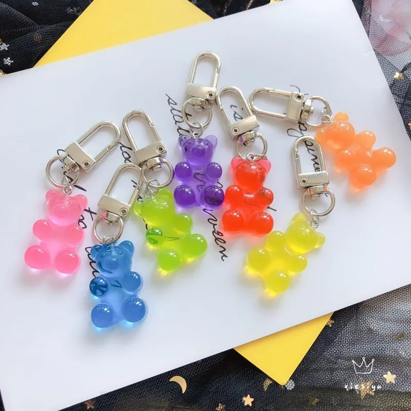 20PC Cute Girls Resin Gummy Bear Keychain For Woman Candy Color Animal Bear Key Chain Earphone Cover Jewelry Party Friends Gifts