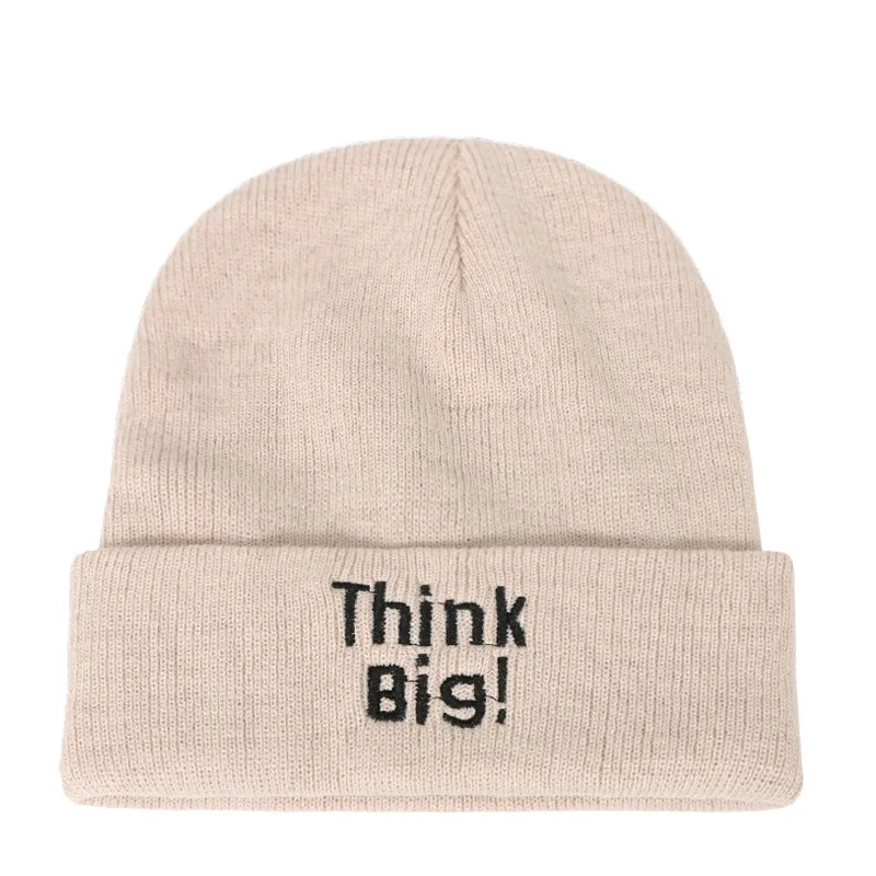 Мужская и женская вязаная шапка с надписью Think Big Embroidered, осенняя и зимняя теплая Женская кепка с манжетами, мужская повседневная Кепка Skully