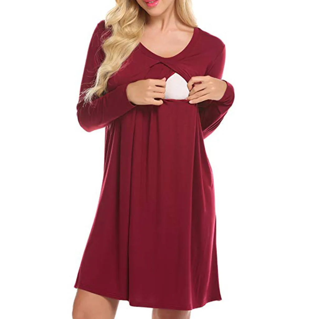 

Women's Maternity Pregnanty dress Long Sleeve Solid Breastfeeding Dress Autumn maternity clothes breastfeeding clothes ropa #BZ