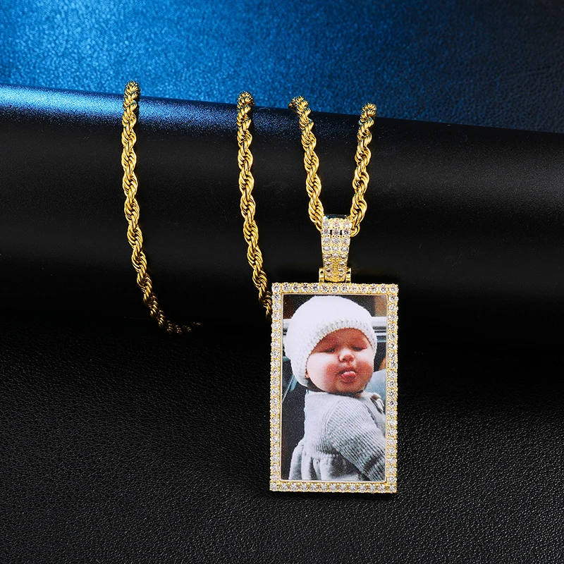 Baratos D Z Hip Hop personalizado foto Collar para hombres mujeres helado Bling Cubic Zirconia moda joyería forma rectangular al por mayor