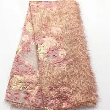 

Elegant Jacquard Organza Mesh Fabric With Long Feather Evening Party 2020 High Quality African French Brocade Lace fabric N2839