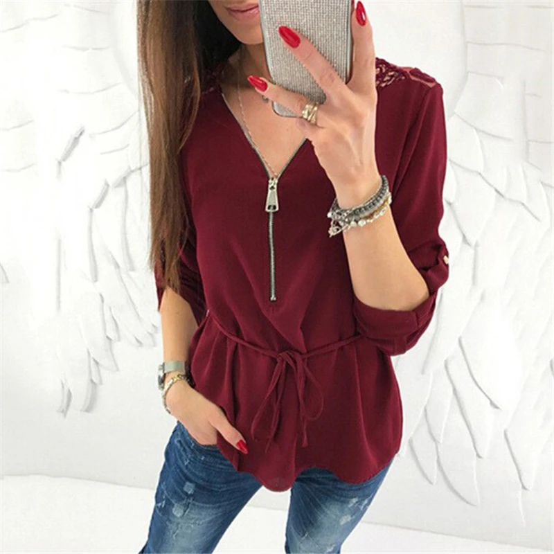 Women Blouse And Tops 2020 Fashion Women Blouses Long Sleeve Zipper V Neck Blouse Back Hollow Out Lace Blouses Shirt Ladies Tops Women Blouse And Tops 2020 Fashion Women Blouses Long Sleeve Zipper V Neck Blouse Back Hollow Out Lace Blouses Shirt Ladies Tops