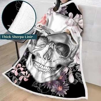 

Skeleton Pattern Fleece Blanket with Sleeves Wearable Couch Bed Winter Warm Cover Blanket Portable Travel Airplane Nap Blanket