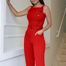 Летний женский стильный элегантный повседневный красный Облегающий комбинезон, Женский однотонный комбинезон без рукавов с пуговицами