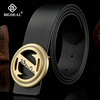 

Designer Fashion Round Z Solid Brass Smooth Buckle Men Belt Cowhide Genuine Leather Belt for Men Male Jeans Casual Waistband