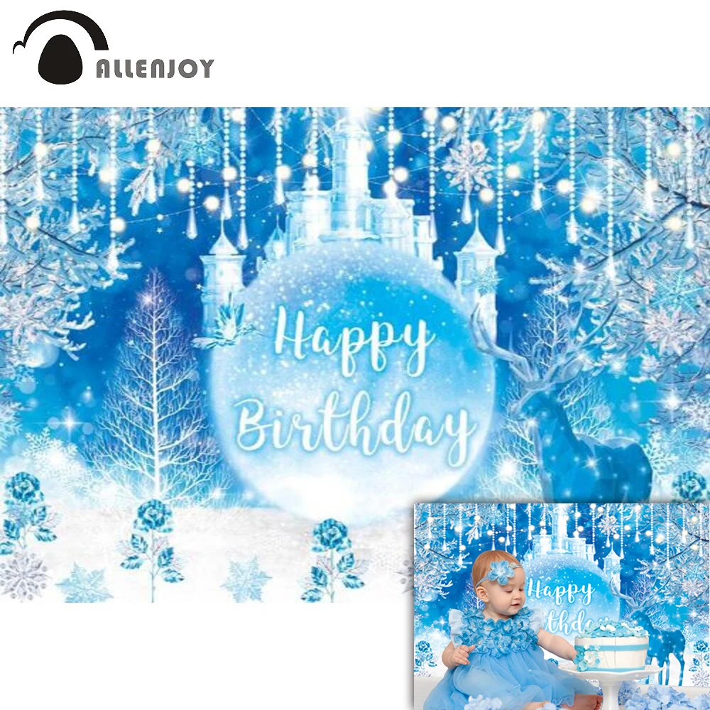 

Allenjoy Frozen Backdrop Blue Snow Castle Happy Birthday Winter Wonderland Ice 1st Baby Shower Party Decor Background Photocall