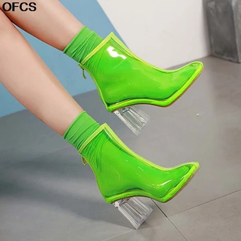 

2020 New Autumn PVC Boots Women Boots Sandals Sexy Transparent Boots Clear Chunky heels Mujer Round Toe Shoes Zipper Women Shoes