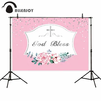 

Allenjoy Holy Communion Backdrops God Bless Flowers Leaves Dot Pink Baby Shower Banner Child Christening Birthday Party Decor