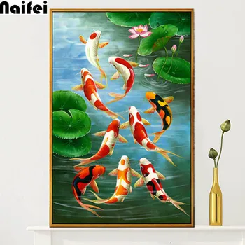 

5D Diamond Painting 9 Fish Full Square Round Lotus carp Diamond Embroidery Animal Cross Stitch Home Feng Shui Decoration