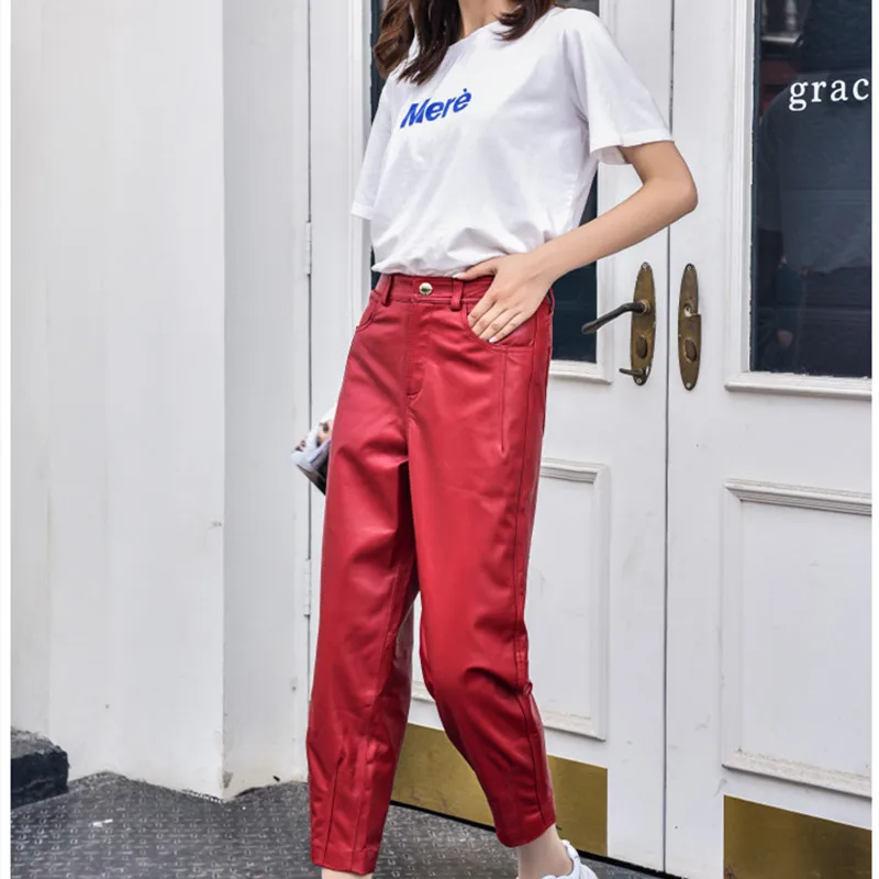 Genuine Sheepskin Pants for Women, Ankle Length, High Waist, Harem Pants, Thickened Loose Leather, Red, 3XL, Autumn and Winter