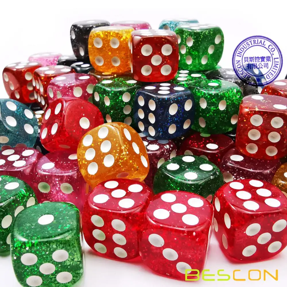 Bescon " A Lot of Glitter" 16MM D6 Set 100pcs, Assorted Colored Glitter Dice Set 100pcs