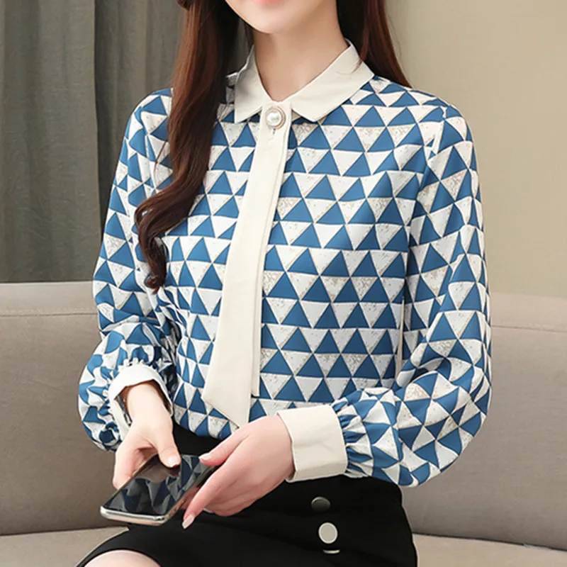 

Korean Fashion Women Shirts Woman Chiffon Plaid Blouses OL Shirt Plus Size Elegant Women Long Sleeve Shirts Blusas Mujer De Moda