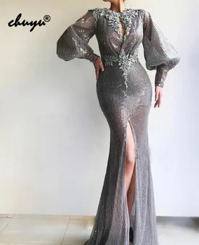 

Silver Gray Muslim Evening Dresses V-neck Sequins Lace Islamic Dubai Saudi Arabic Mermaid Evening Dress Prom Dress