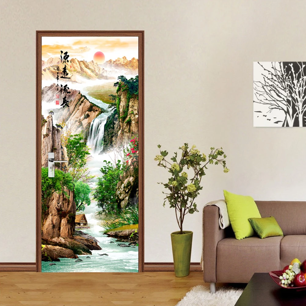 

200x77cm Chinese Painting Pattern Door Sticker Self-Adhesive Removable Wall Sticker Home Decor room decoration wall decor