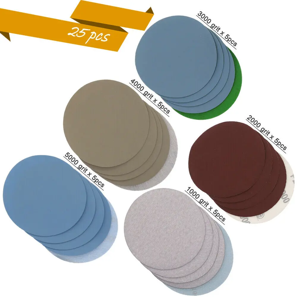 Sanding Discs 5Inch Wood Metal Polishing 25pcs Hook Loop Sandpaper 1000-5000# for Wet/Dry Sanding Grinder Polishing