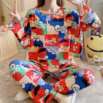 

2020New Autumn Caiyier Women's Pajamas Set Sleepwear Two-Piece Cartoon T-shirt+Longs Pajama Cute Caiyier Girls Pajamas Homewears