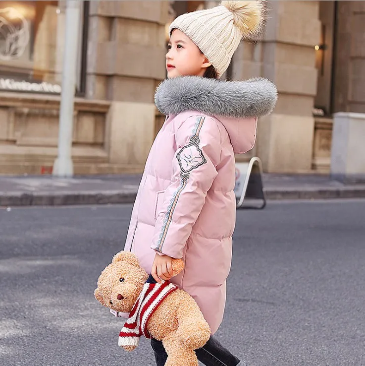 Down jacket 120-160 см Высота Зима утолщаются теплый вышивки пуховик для девочек зимняя куртка для девочек модная детская зимняя куртка - Цвет: Down jacket