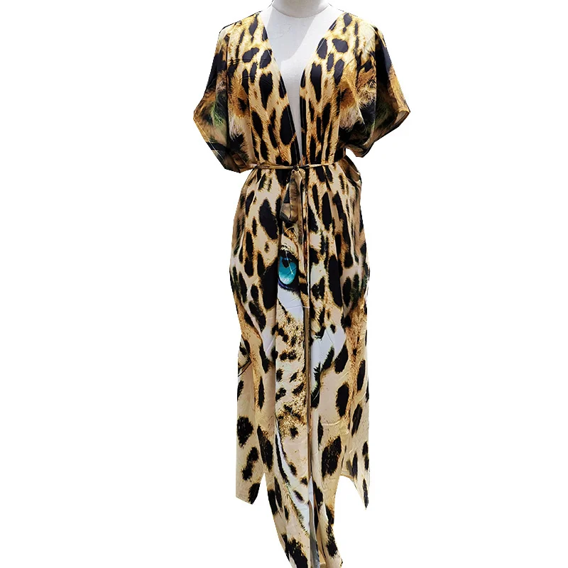 Bikini Cover-ups Sexy Tiger Pattern Print Kimono  Robe Plage Swimsuit Cover up Boho Loose Long Cardigan Beachwear Tunics 3 piece swimsuit with cover up