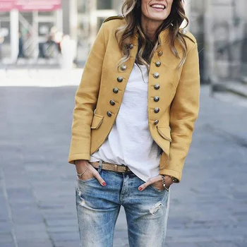 

Spring Loose Coat Woman Korean Student BF With Fake Pocket Turn-down Collar Black Yellow Cotton Jackets Tops
