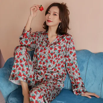 

Silk Pajama Ladies Cardigan Spring Autumn Thin Sweet Strawberry Print Silk Long Sleeve Home Dress Set Silk Women'S Pajama Пижама