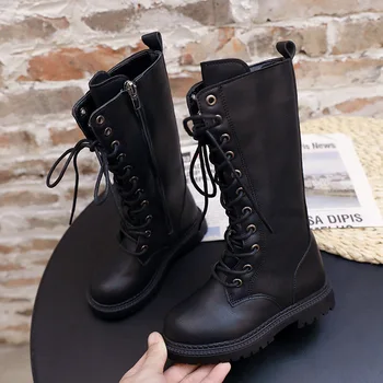 

Girl Knee-High Fashion Boots Cow Muscle Children Boots Flat With New Autumn Winter Black Leather Children Boots Lace Up D809