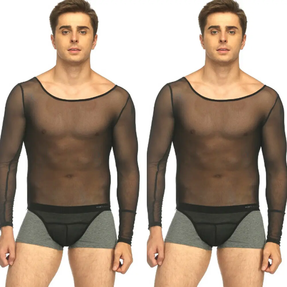 

New Sexy solid see through o-neck casual Men Long Sleeve Black Mesh Sheer T-shirt Transparent Fishnet Tee Tops Plus Size