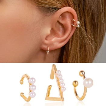 

3 PCS Open Geometric Circle Sweet Cute Ear Cuff Non Pierced Clip Earring Trendy Simple Small Gold Color Simulated Pearl Earrings