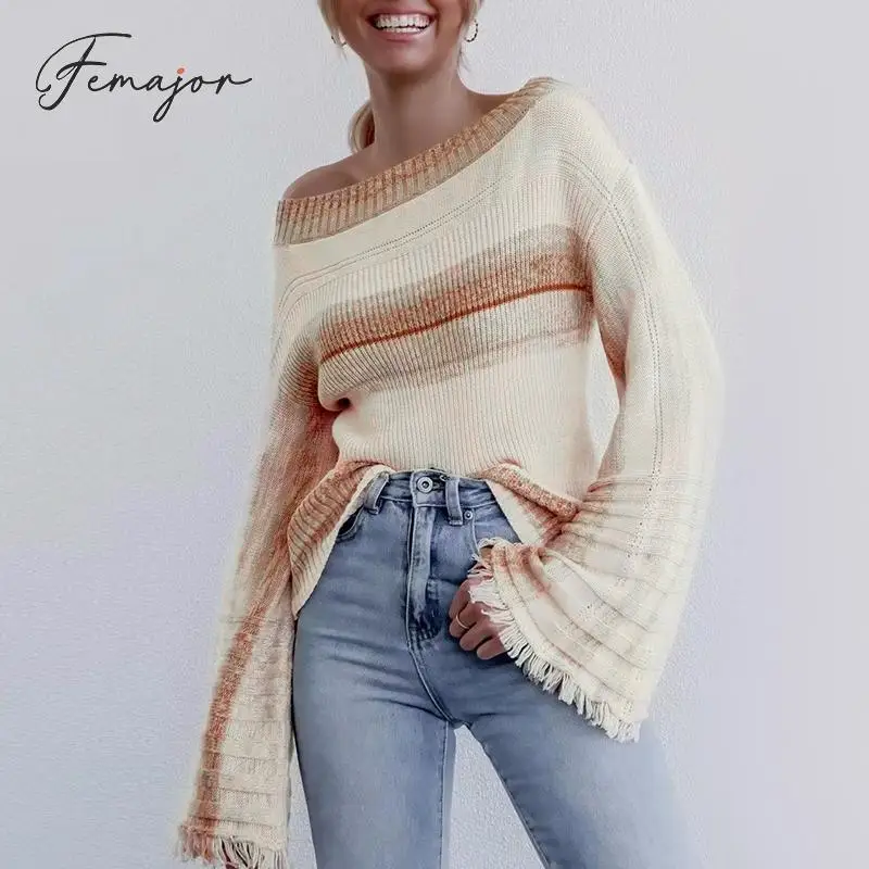 

Femajor Women Fashion Off Shoulder Jumpers Sweater Female 2019 Autumn Winter Chic Tassel Flare Sleeve Pullover Stripe Knit Tops