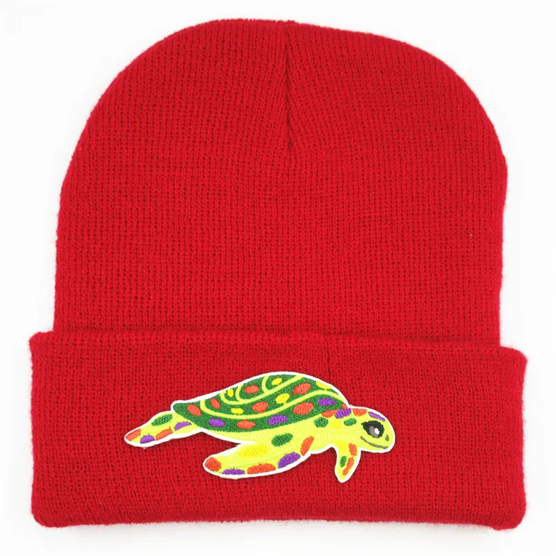 LDSLYJR Cartoon turtle embroidery Thicken knitted hat winter warm hat Skullies cap beanie hat for men and women 360 - Цвет: Красный