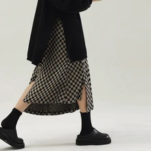 

Chessboard Plaid Knitted Irregular Slit Loose Skirt Autumn 2021 High Waist Retro Korean Fashion Women Leisure Asymmetrical