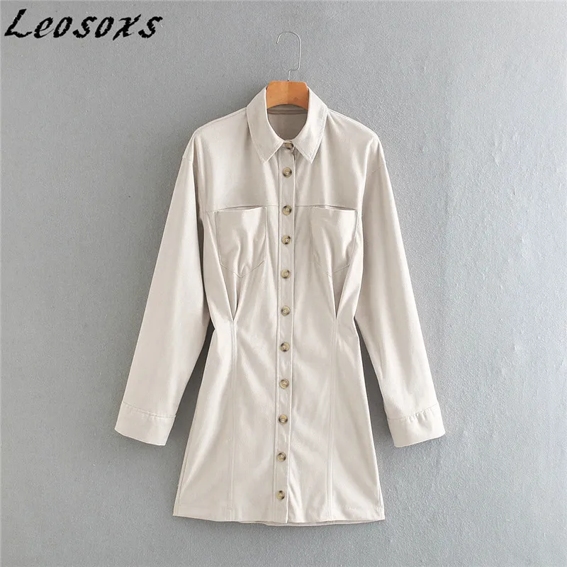 

Leosoxs simple Solid color business casual suede texture shirt dress women long sleeve lapel elegant dresses 2020 Autumn New