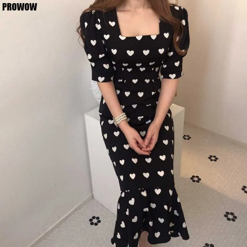 

Korean Woman One-Piece Dress Summer 2020 Vintage French Loving Slim Ruffled Fishtail Long Dress Lady Elegant Short Sleeve Dress