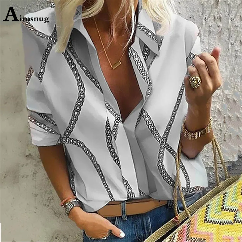 gray Большие размеры 4xl 5xl Осенняя женская блузка для отдыха топы с цепным принтом Офисная Женская рубашка блузка с длинным рукавом blusas mujer de moda - Цвет: gray