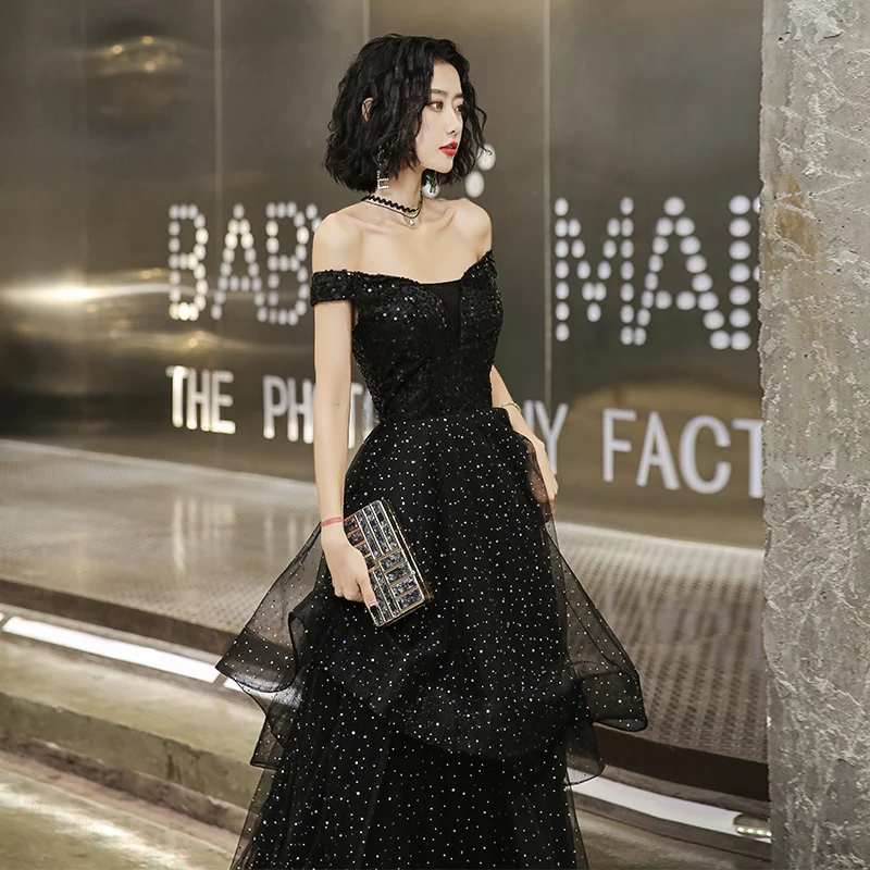 It's Yiiya Evening Dress Boat Neck Sequins Black Evening Dresses Off Shoulder Elegant Formal Gowns Long robe de soiree LF125