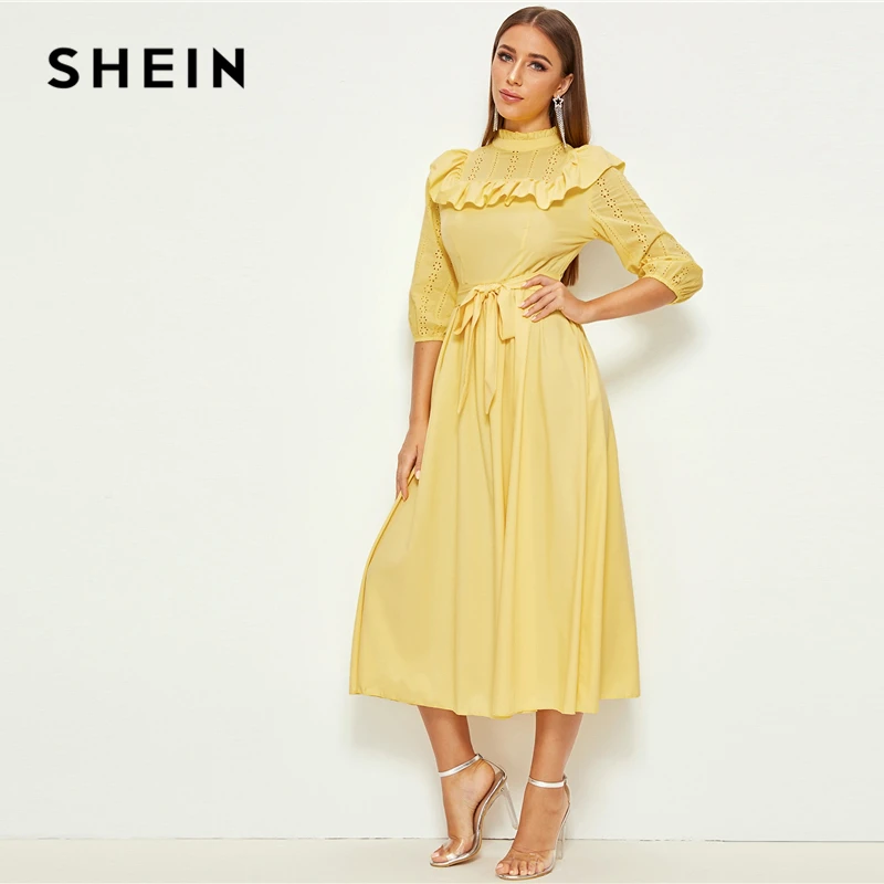 SHEIN женское платье с декоративной оборкой и поясом, весенне-осеннее длинное платье, приталенное и расклешенное ТРАПЕЦИЕВИДНОЕ элегантное платье в стиле ампир