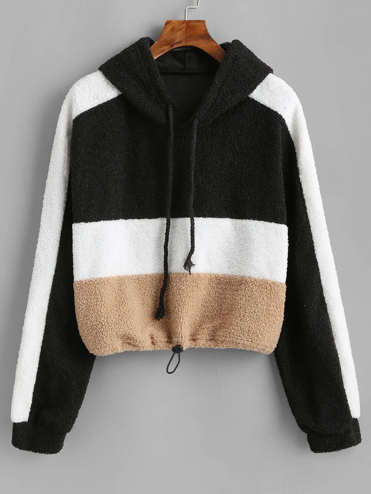 

ZAFUL Drop Shoulder Drawstring Color Block Teddy Hoodie Women Short Sleeve Patchwork Sweatshirts Autumn Winter Pullovers Outwear
